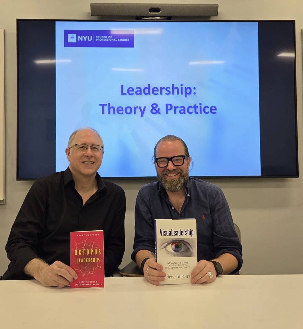 Perry Knoppert with Professor Todd Cherches at NYU during the Leadership: Theory & Practice class